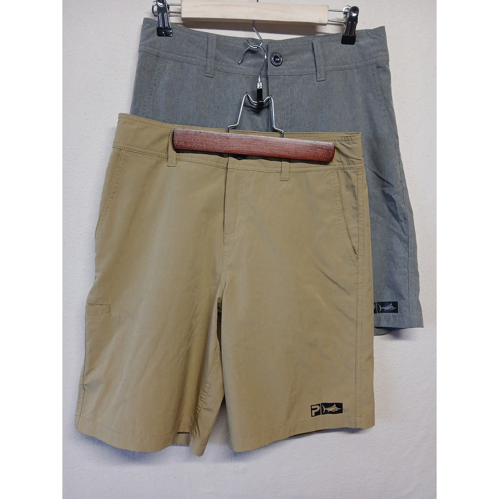 Set (2) pelagic deep sea hybrid fishing shorts size 29 mens youth gray and green